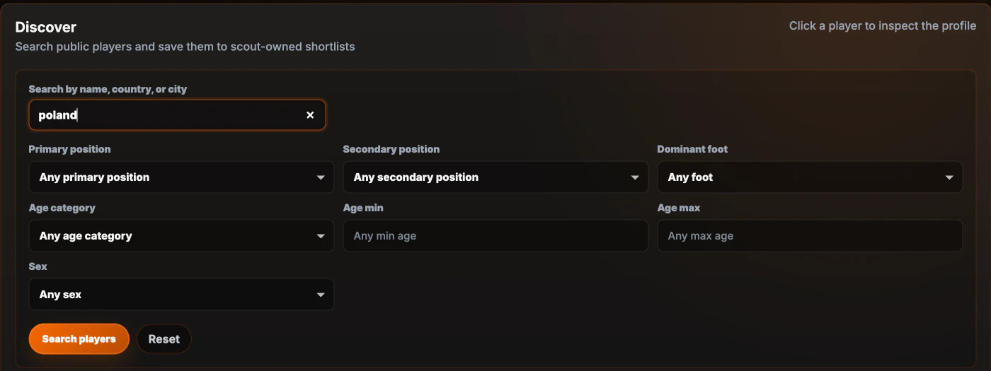 Development preview of SportsFly Scout Workspace filters for public player profiles